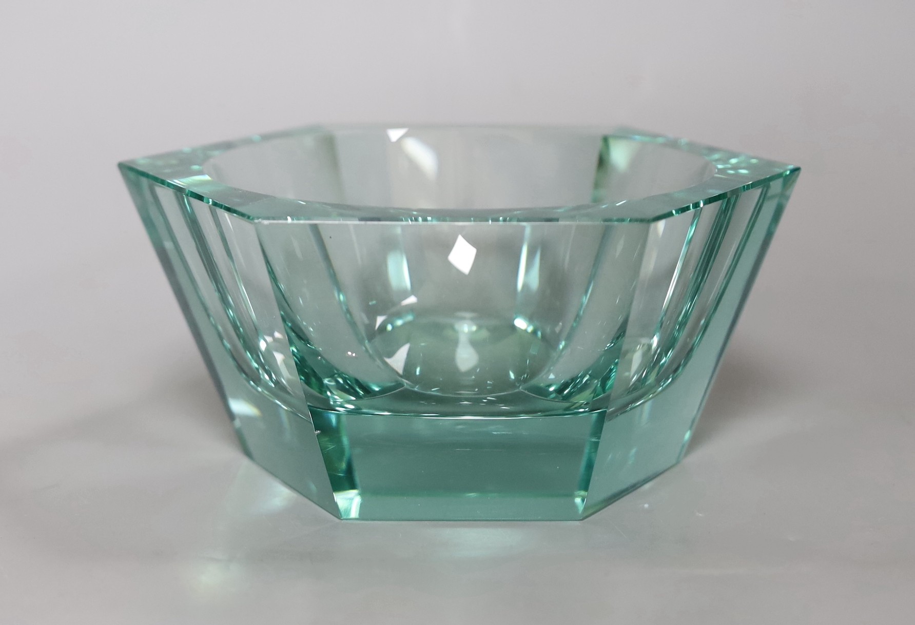 A hexagonal green Moser glass bowl